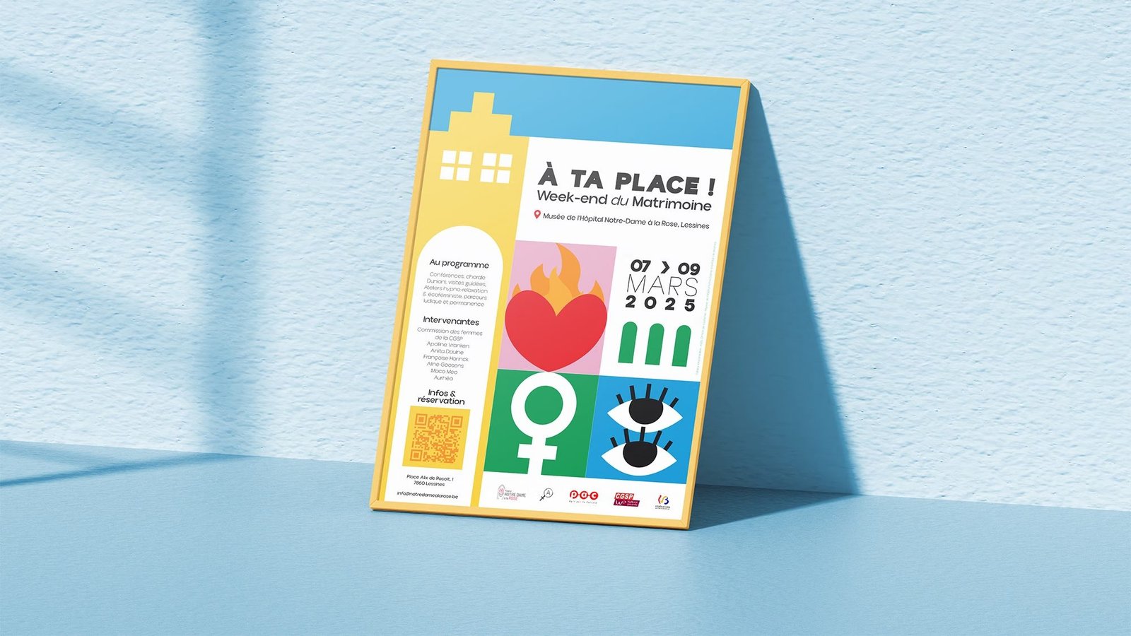 The Weekend Matrimoine poster, leaning against a pale blue wall: a yellow frame around a grid of coloured pictograms and the title A ta place!