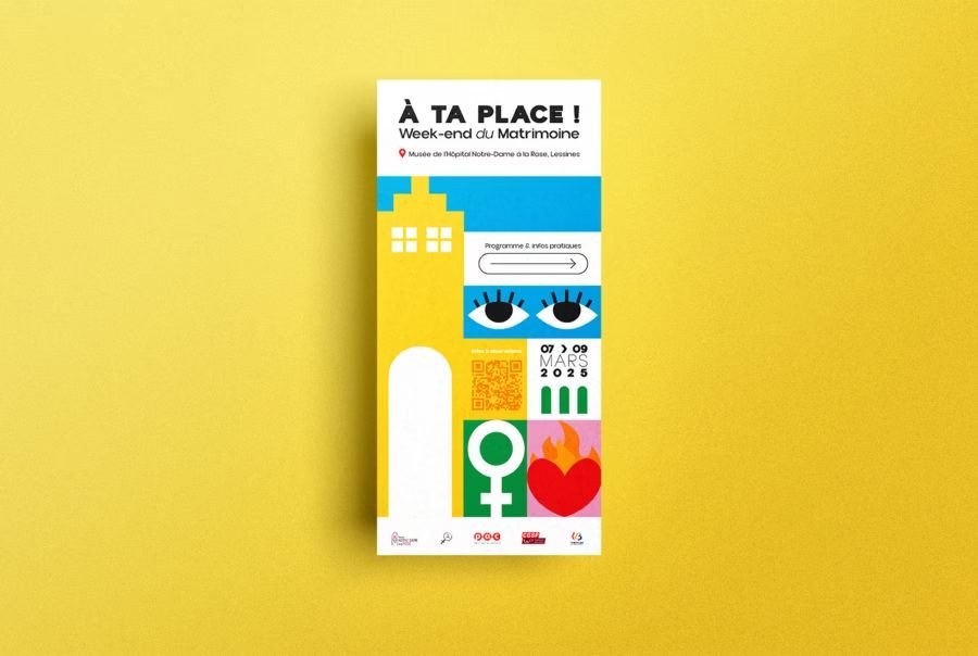 The long flyer on a yellow background: the title at the top, then a vertical column of coloured pictogram squares.