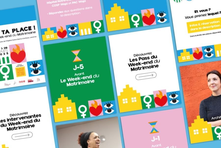 A sheet of social media posts: countdown cards, speaker portraits and pass explainers, each closed by a band of coloured squares.