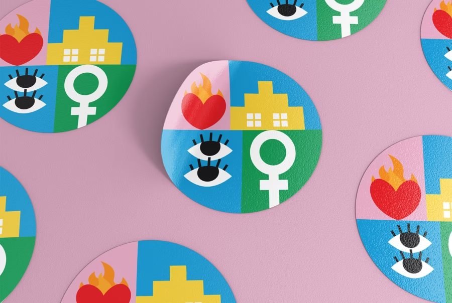Round stickers scattered on a pink surface, each one a four-square grid cropped into a circle.