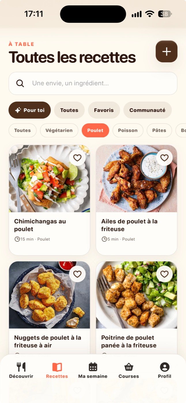 The catalogue: a search field, tabs for recommendations, everything, favourites and community, category chips with chicken selected, and a grid of recipe cards.