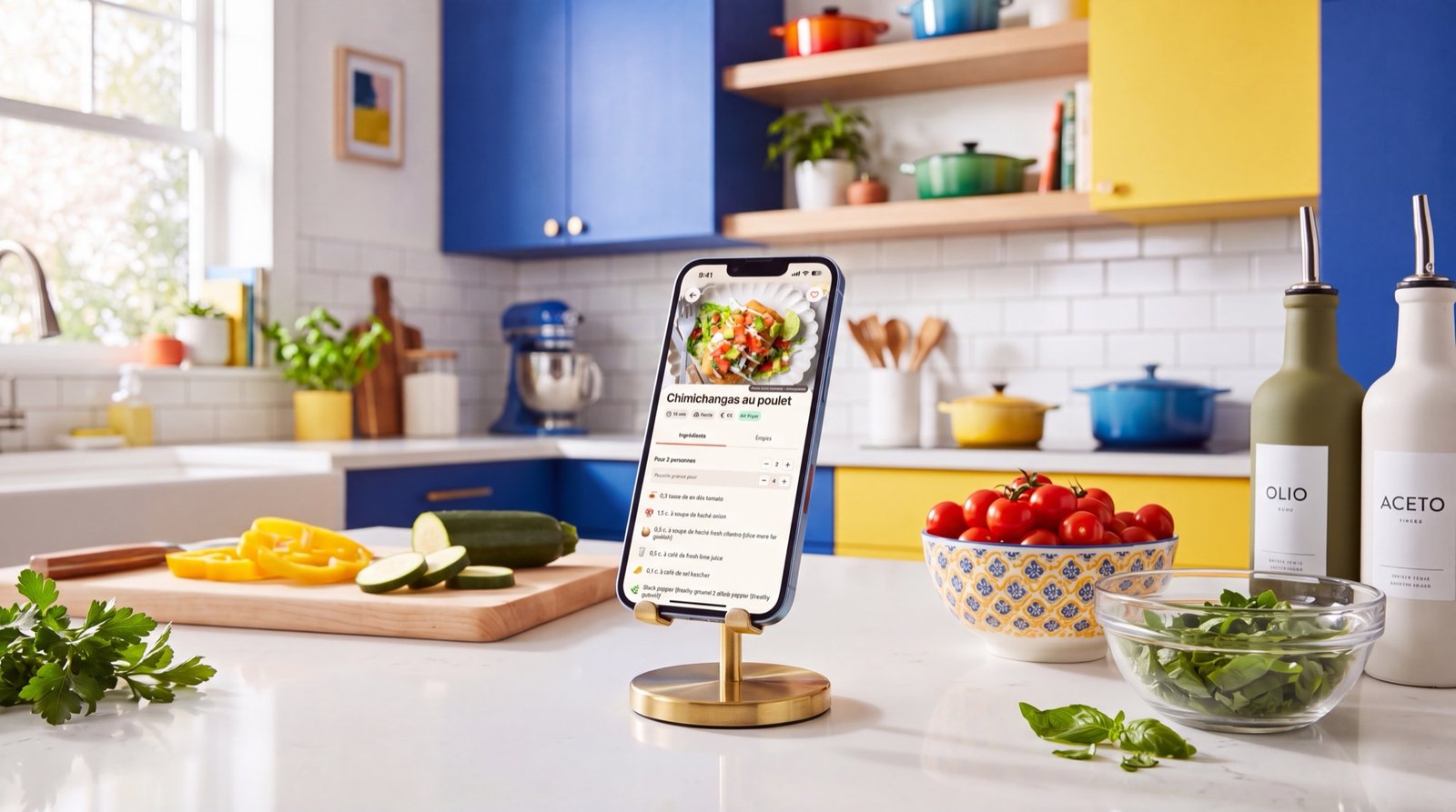 A phone propped on a kitchen counter, open on the chimichangas recipe, with a chopping board of peppers and courgette, a bowl of tomatoes and bottles of oil around it.