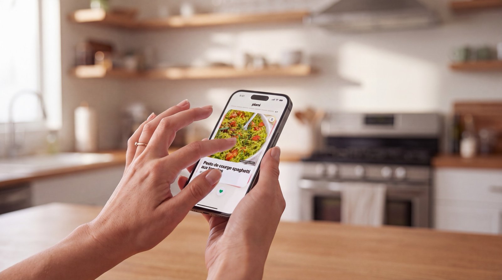Two hands holding a phone open on Plami, on a squash spaghetti pesto recipe, in a bright kitchen.