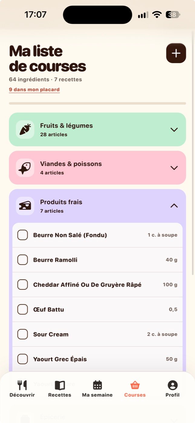 The same week in Plami: 64 ingredients from 7 recipes, grouped by aisle, with quantities and a note that 9 are already in the cupboard.