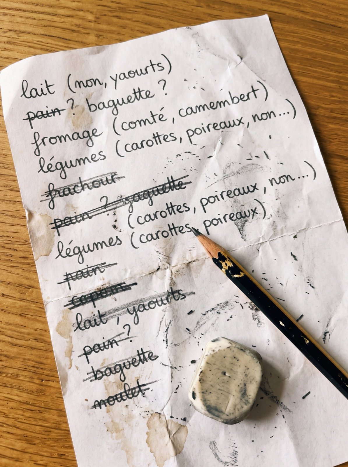 A shopping list written by hand on a creased, stained sheet of paper, most of the lines crossed out, next to a pencil and a worn eraser.