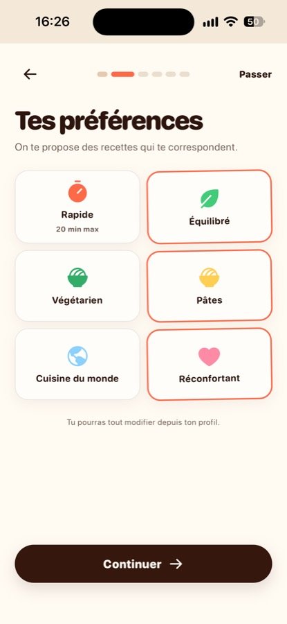 Step two, what you like to eat, as tiles: quick, balanced, vegetarian, pasta, world food, comfort food.