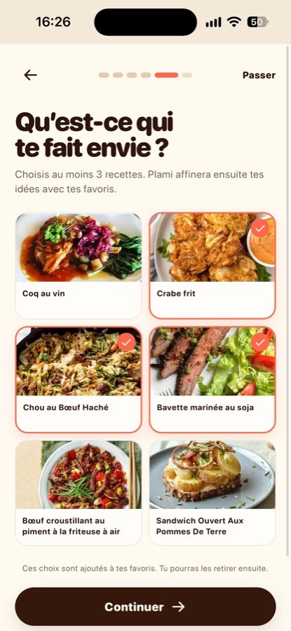 Step five, a first pass at recipes, shown as a grid of photos to like or leave.