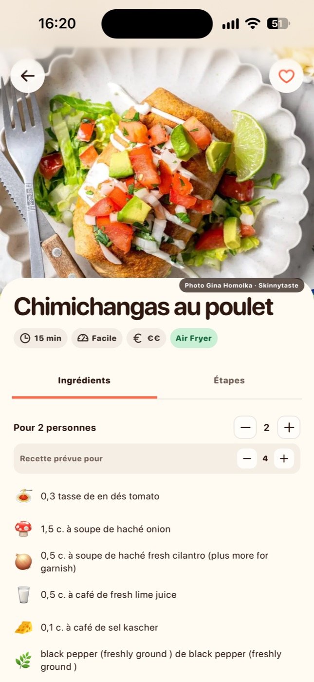A recipe at rest: full bleed photo, the title Chimichangas au poulet, then cooking time, difficulty and cost.