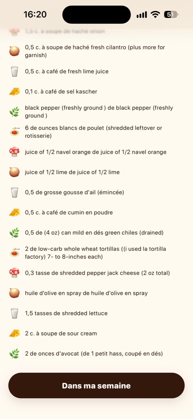 The end of the ingredient list, with the button that drops the recipe into the week.