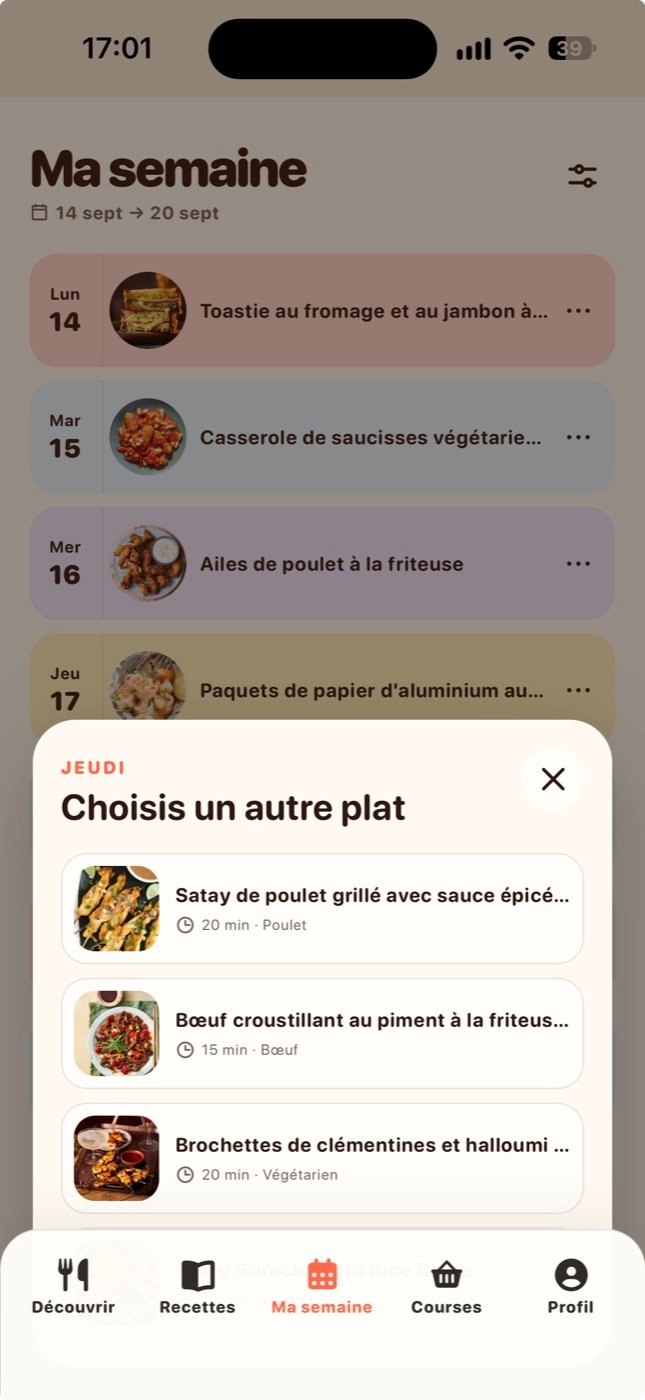 The finished week, Monday to Sunday, with Thursday open on a sheet offering other dishes.