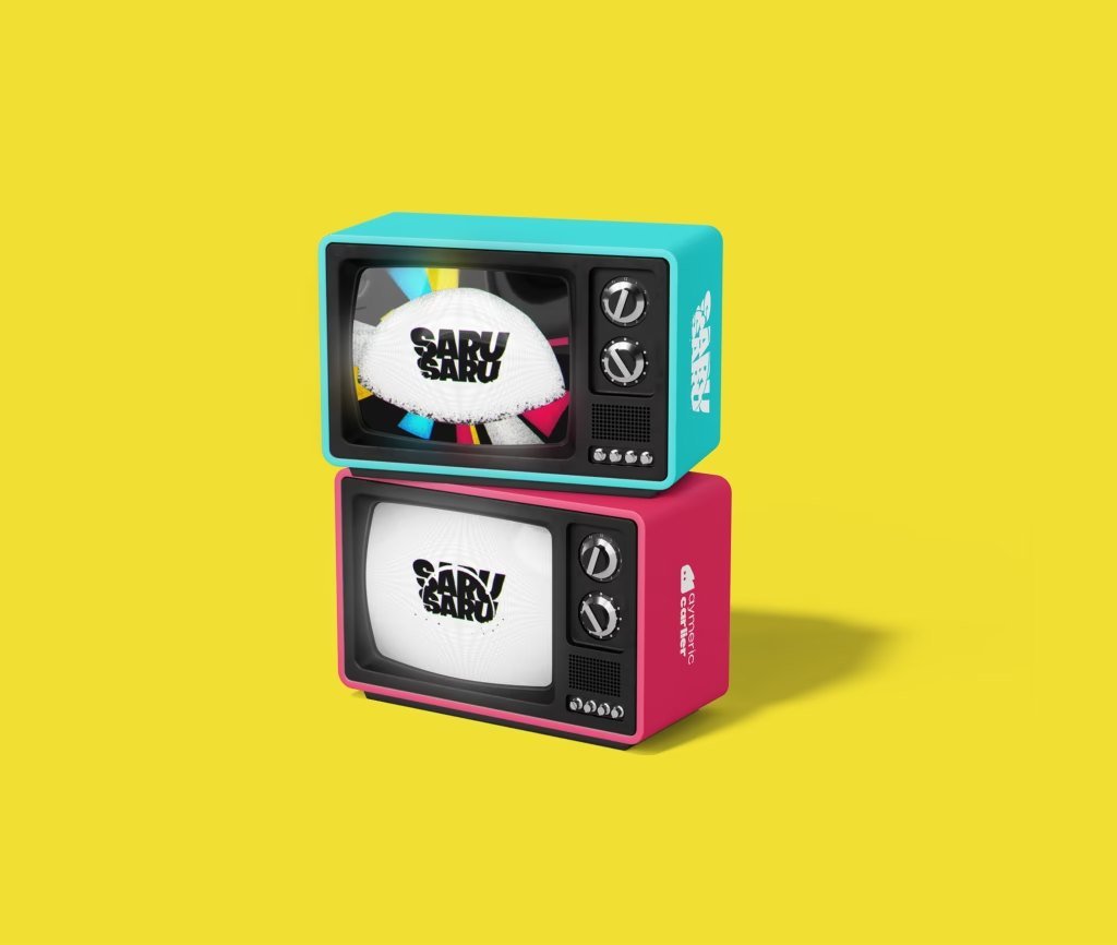 Two retro television sets stacked on a yellow background, one cyan and one magenta, each playing a different moment of the animation.