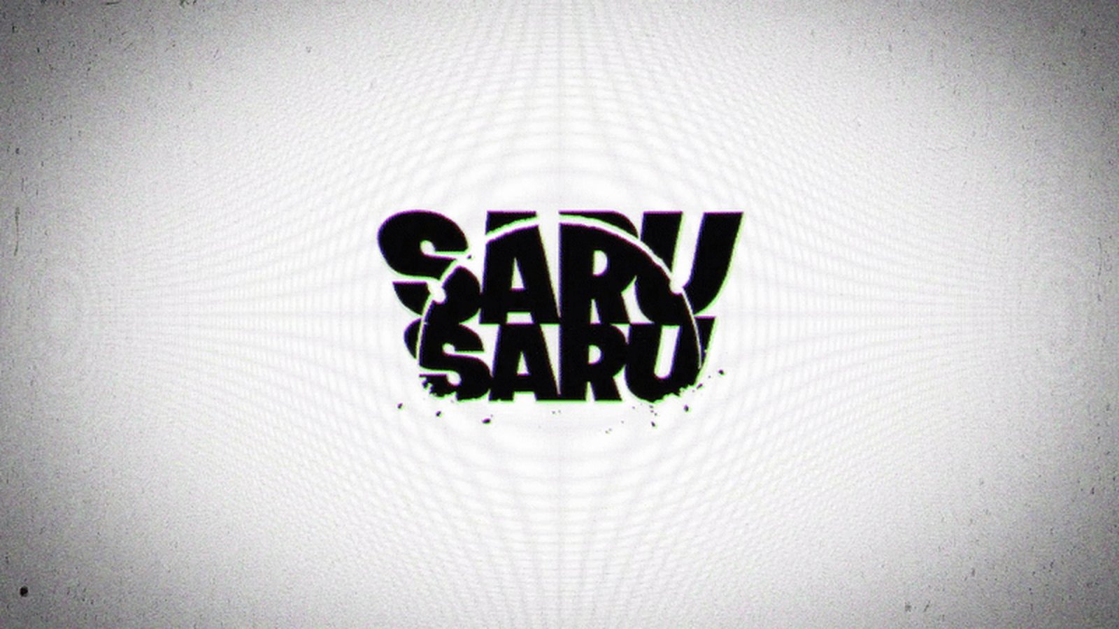 A frame from the animation: the distorted SARU SARU wordmark in black, locked at the centre of a white field of concentric shockwave rings.